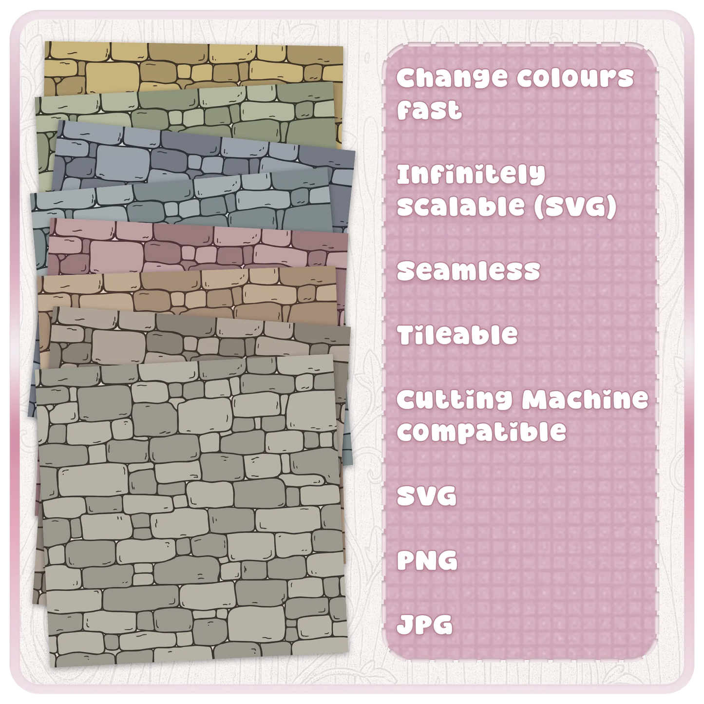 Fairytale stone wall seamless pattern colour examples showing editable fantasy castle brick texture in muted grey, pink, green and neutral tones.