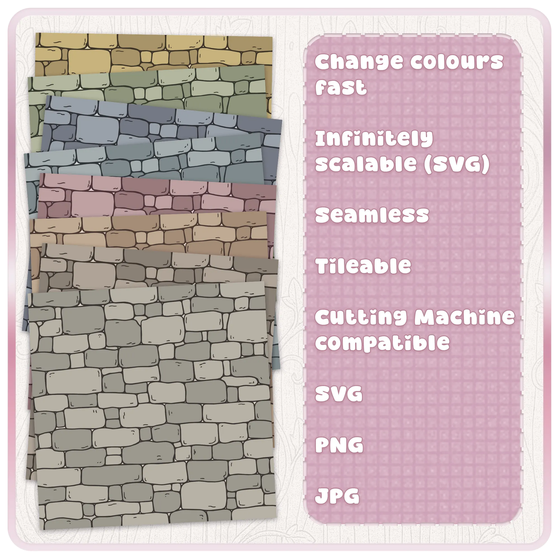 Fairytale stone wall seamless pattern colour examples showing editable fantasy castle brick texture in muted grey, pink, green and neutral tones.
