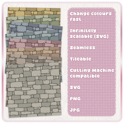 Fairytale stone wall seamless pattern colour examples showing editable fantasy castle brick texture in muted grey, pink, green and neutral tones.