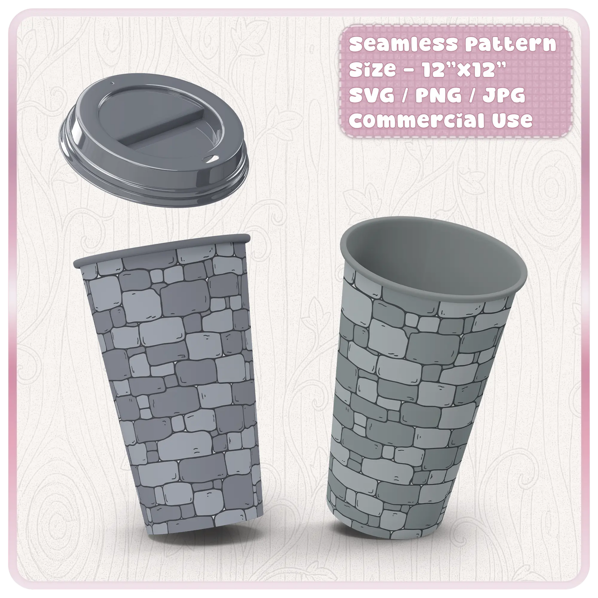Seamless fairytale stone pattern shown on a travel tumbler mockup with castle wall texture for sublimation and craft projects.