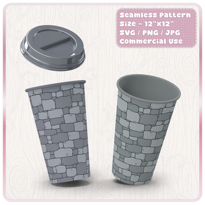 Seamless fairytale stone pattern shown on a travel tumbler mockup with castle wall texture for sublimation and craft projects.