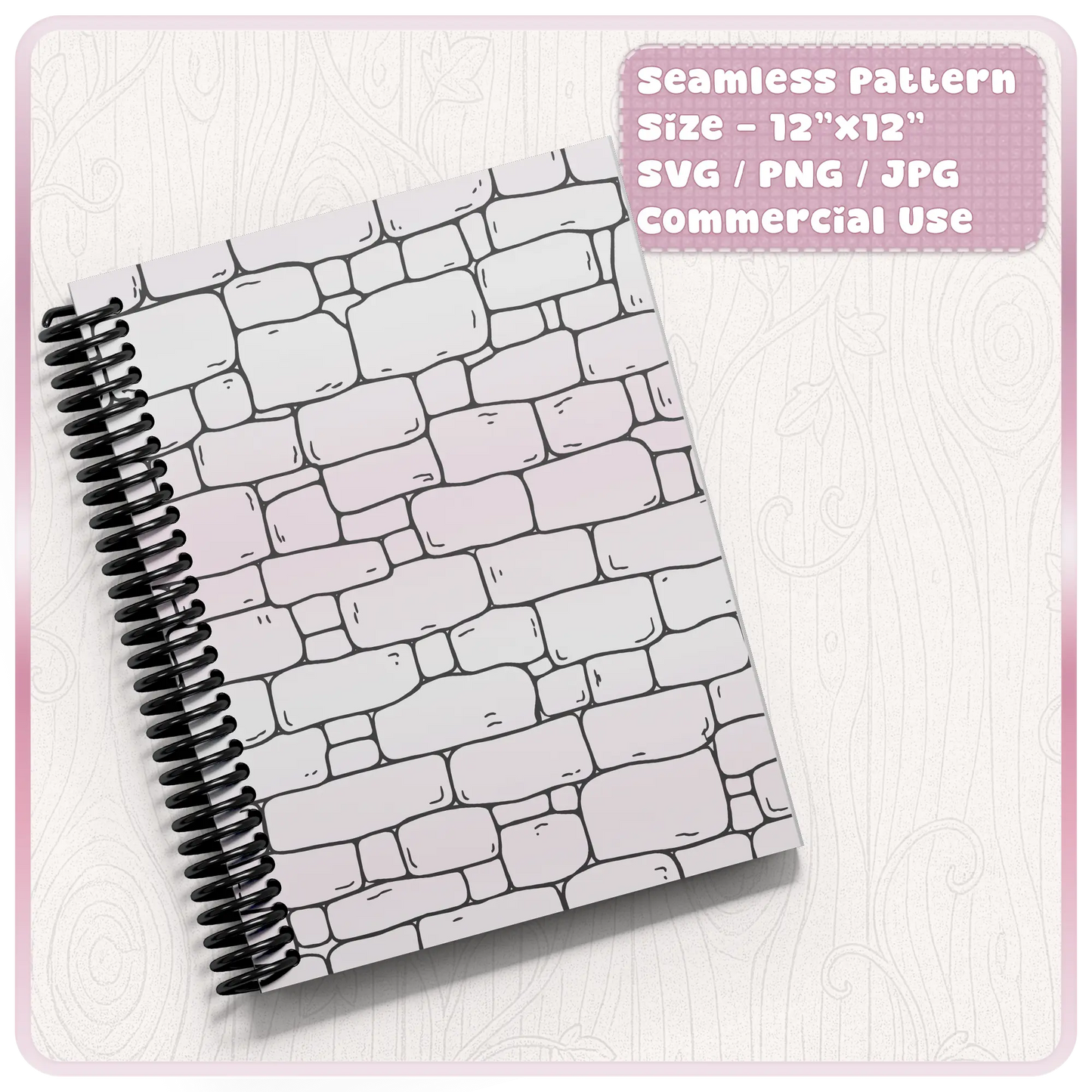 Fairytale stone wall seamless pattern displayed on a spiral notebook mockup for printable paper, journal covers and fantasy stationery designs.