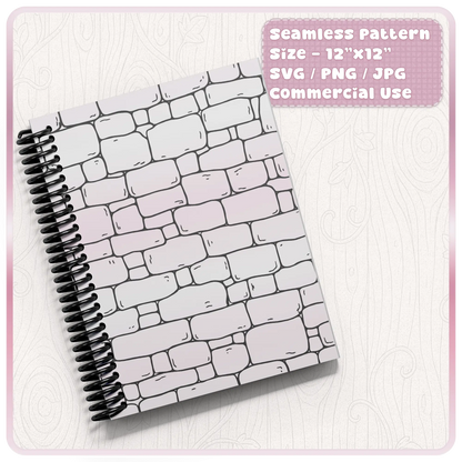 Fairytale stone wall seamless pattern displayed on a spiral notebook mockup for printable paper, journal covers and fantasy stationery designs.
