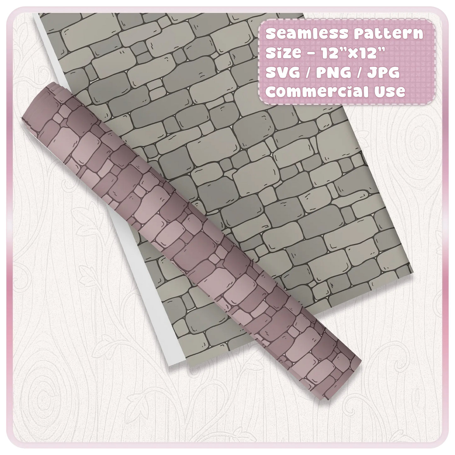 Tileable fairytale stone wall pattern shown as printable craft paper and wrap design with grey and pink castle brick texture examples.