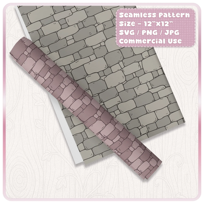 Tileable fairytale stone wall pattern shown as printable craft paper and wrap design with grey and pink castle brick texture examples.