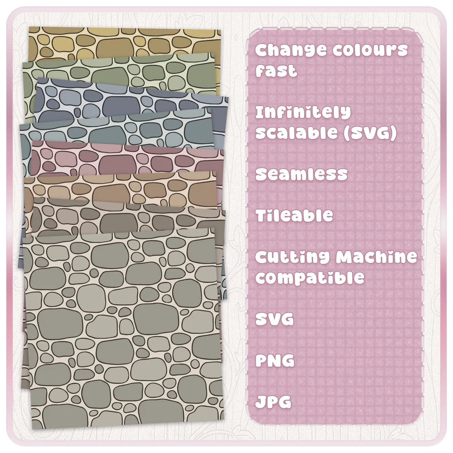 Fairytale stone pattern bundle displaying multiple colour variations of a seamless stone wall texture for crafting and surface pattern design