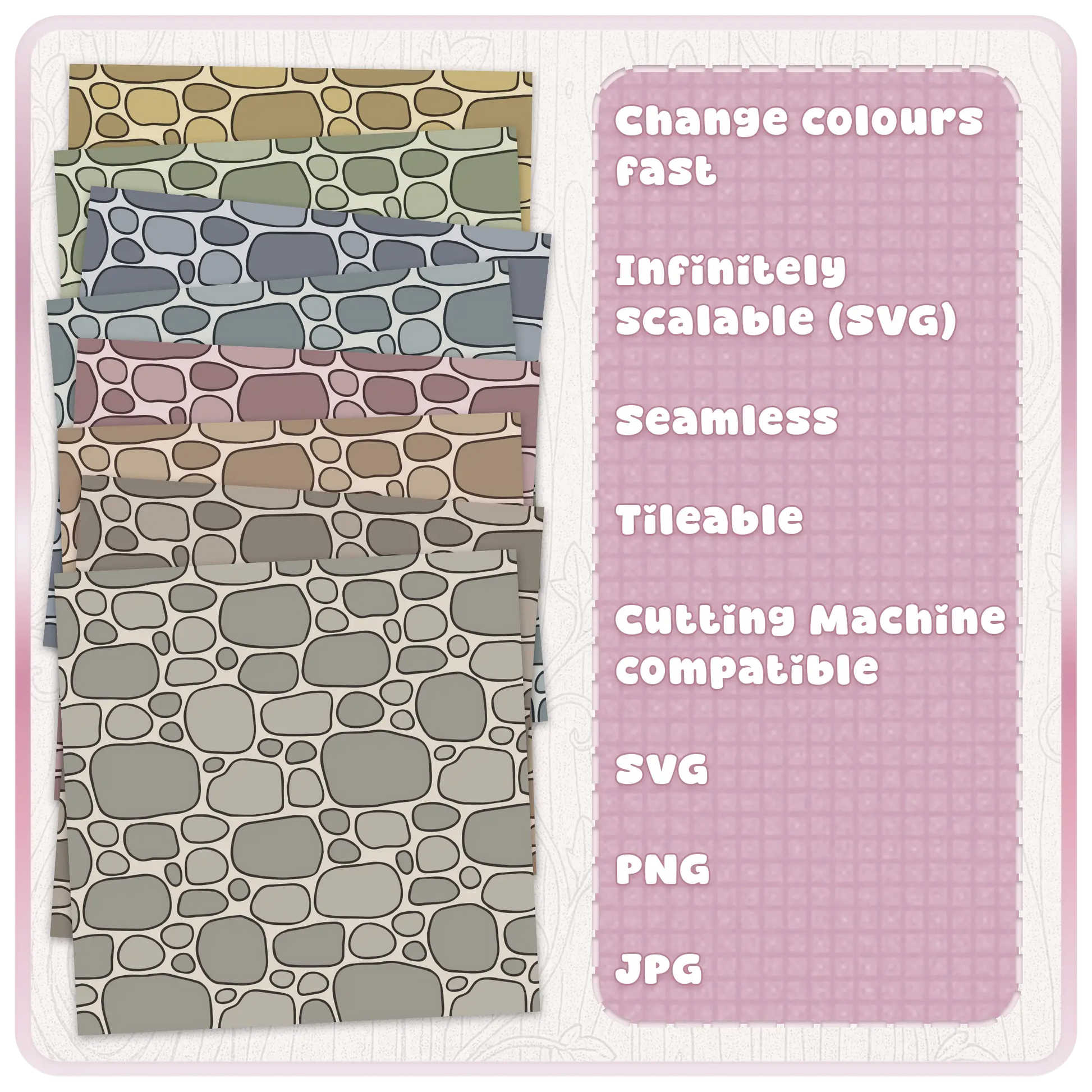 Fairytale stone pattern bundle displaying multiple colour variations of a seamless stone wall texture for crafting and surface pattern design