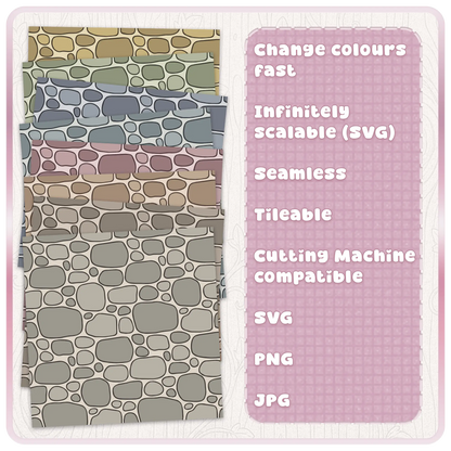 Fairytale stone pattern bundle displaying multiple colour variations of a seamless stone wall texture for crafting and surface pattern design
