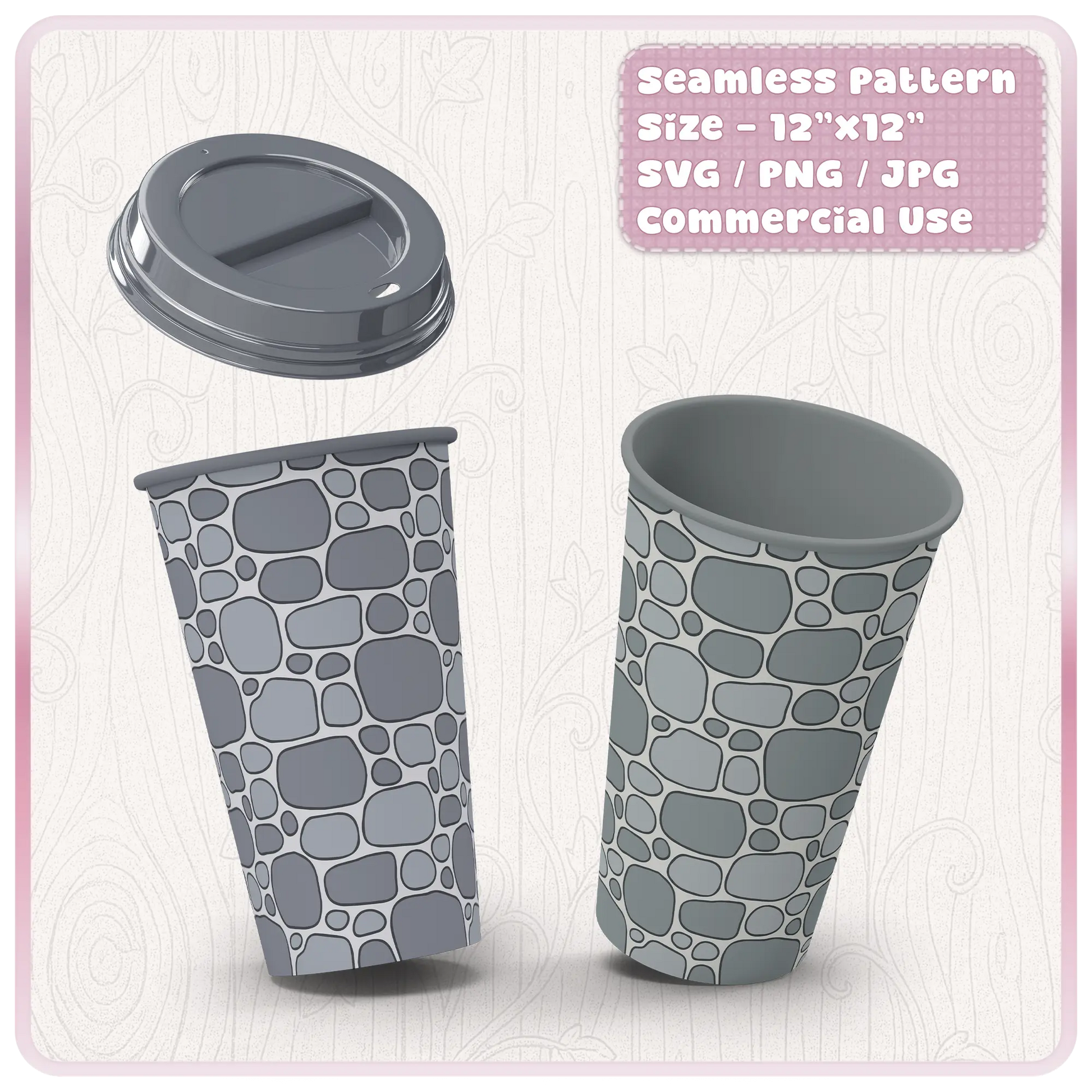 Mockup showing seamless fairytale stone pattern wrapped around takeaway coffee cups demonstrating tileable stone wall texture design