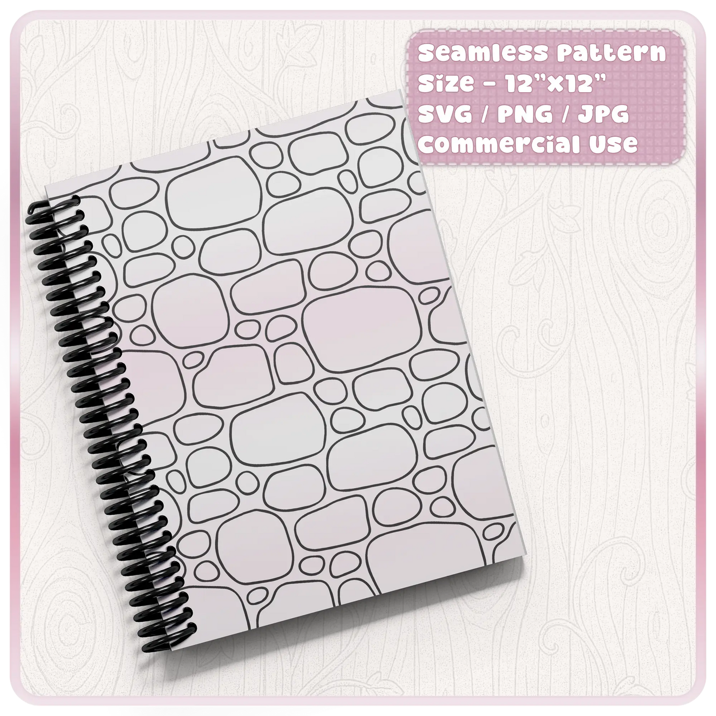 Notebook cover mockup featuring seamless fairytale stone pattern in soft pastel tones for journals, planners and stationery products
