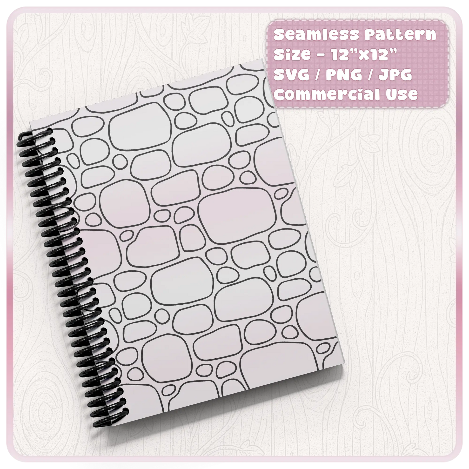 Notebook cover mockup featuring seamless fairytale stone pattern in soft pastel tones for journals, planners and stationery products
