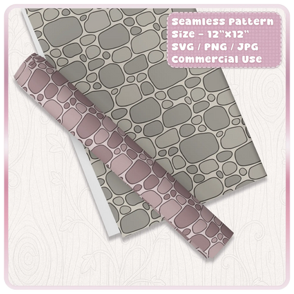 Printable paper and rolled sheet mockup displaying seamless fairytale stone wall pattern in multiple colourways for digital and print projects