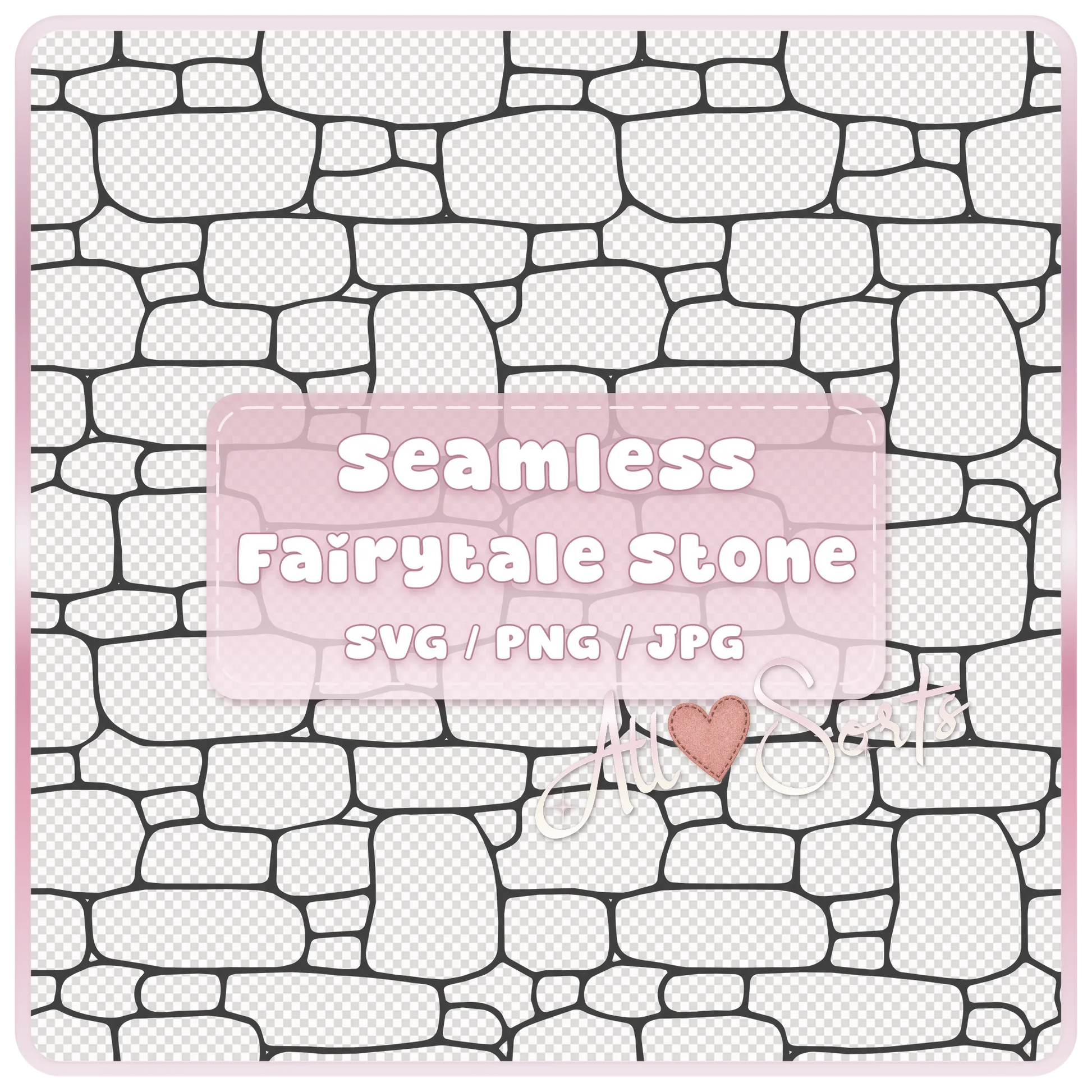 Seamless fairytale stone pattern SVG PNG JPG digital download preview with black outlined tileable castle wall texture on transparent background.