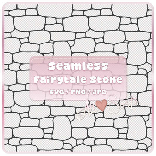 Seamless fairytale stone pattern SVG PNG JPG digital download preview with black outlined tileable castle wall texture on transparent background.