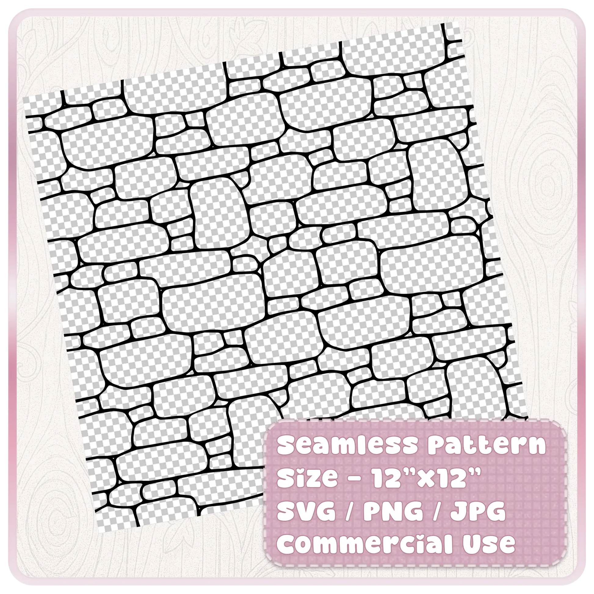 Tileable fairytale stone wall seamless pattern preview showing 12 x 12 digital paper in SVG PNG JPG formats for commercial use.