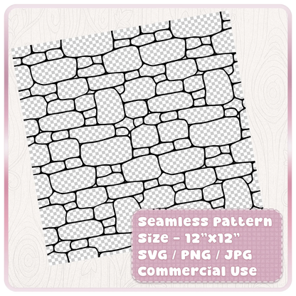 Tileable fairytale stone wall seamless pattern preview showing 12 x 12 digital paper in SVG PNG JPG formats for commercial use.