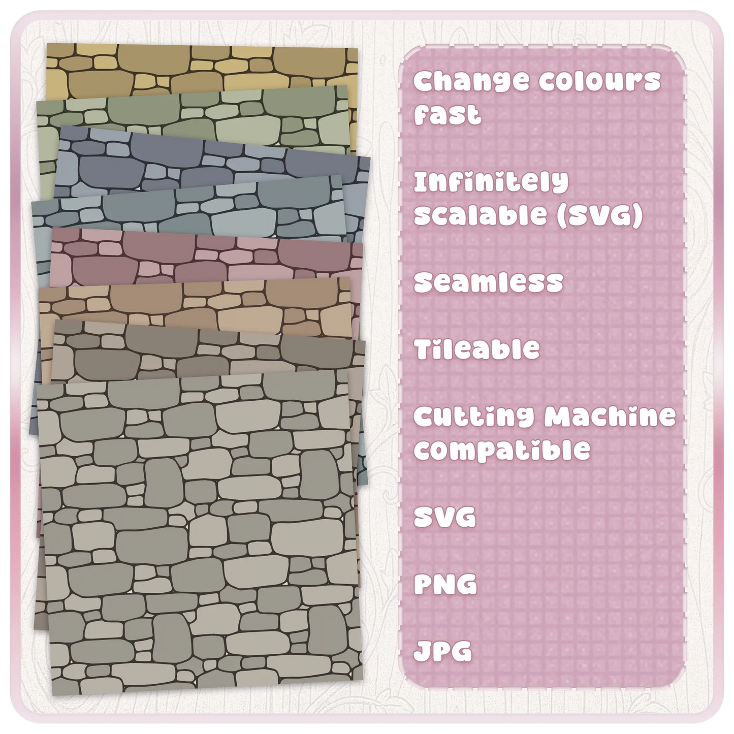 Colour examples of seamless fairytale stone pattern with editable SVG stone wall texture for Cricut, Silhouette, sublimation and digital design.