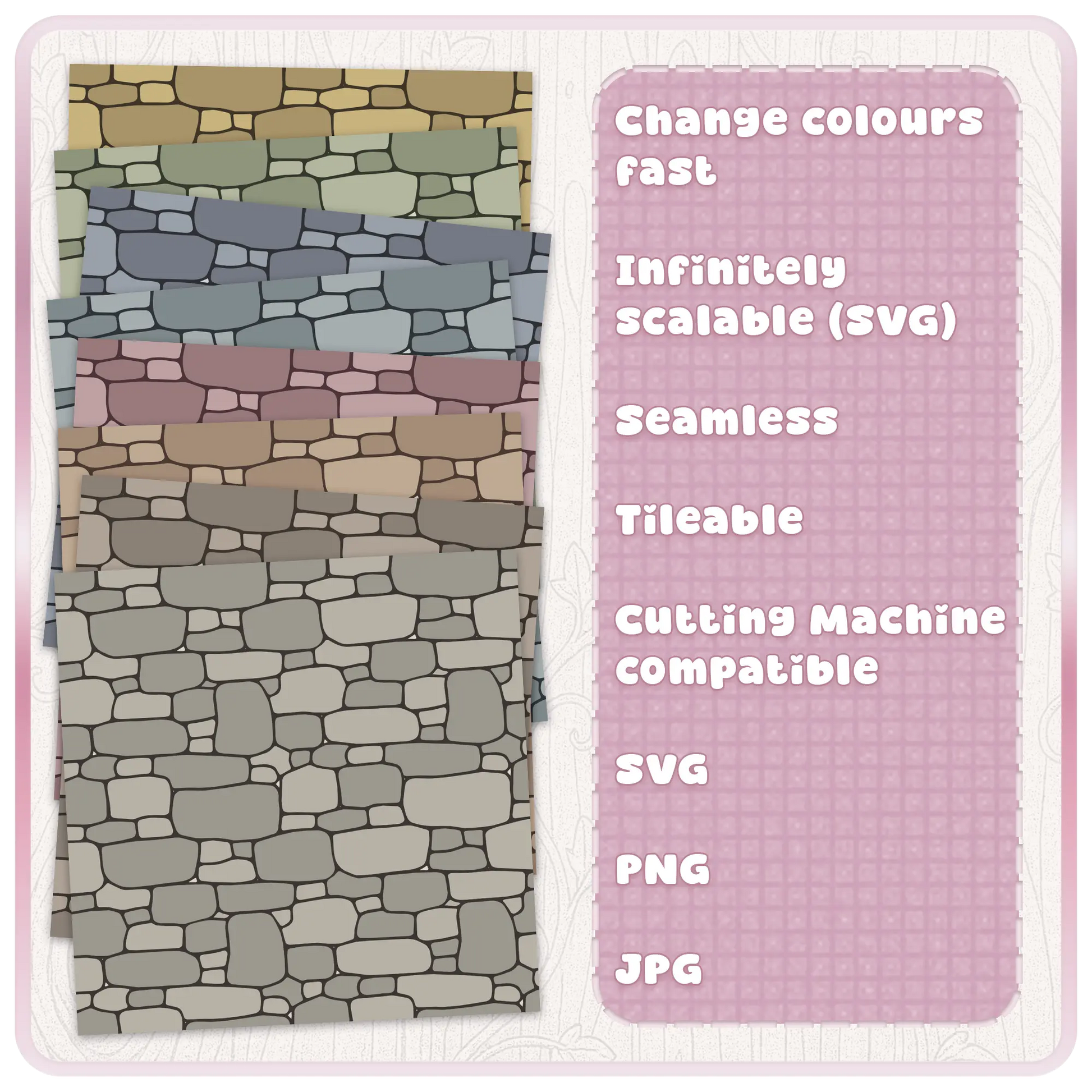 Colour examples of seamless fairytale stone pattern with editable SVG stone wall texture for Cricut, Silhouette, sublimation and digital design.