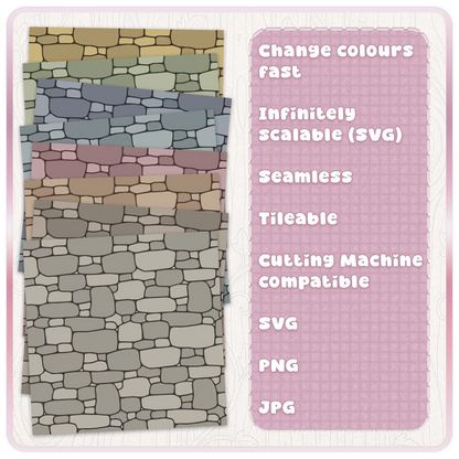 Colour examples of seamless fairytale stone pattern with editable SVG stone wall texture for Cricut, Silhouette, sublimation and digital design.