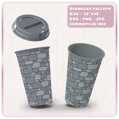 Fairytale stone seamless pattern displayed on tumbler mockups with grey castle wall texture for sublimation, cups and craft projects.