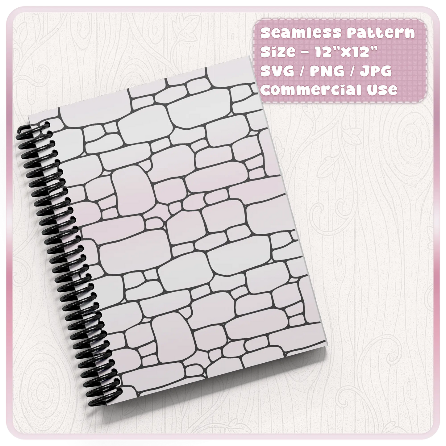 Seamless stone wall pattern shown on spiral notebook mockup, ideal for fantasy stationery, digital paper, printables and planner covers.