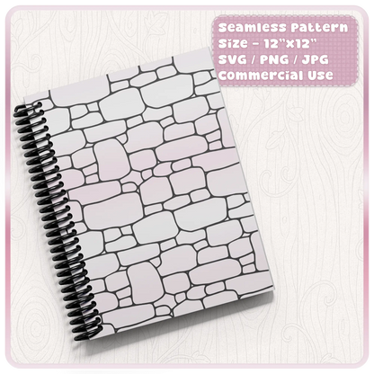 Seamless stone wall pattern shown on spiral notebook mockup, ideal for fantasy stationery, digital paper, printables and planner covers.