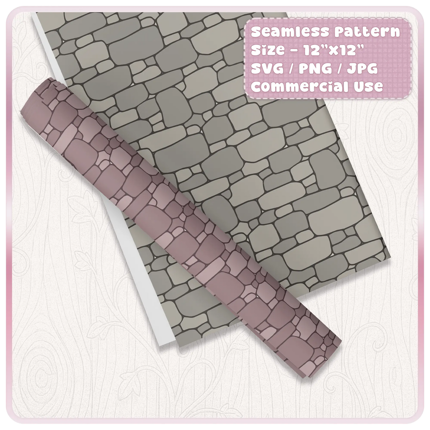 Fairytale stone pattern mockup on wrapping paper and craft roll showing tileable medieval castle wall texture for packaging and printable designs.
