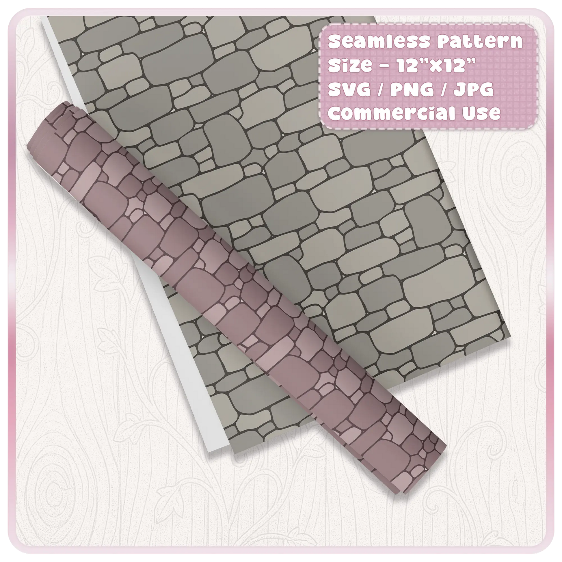 Fairytale stone pattern mockup on wrapping paper and craft roll showing tileable medieval castle wall texture for packaging and printable designs.