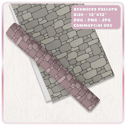 Fairytale stone pattern mockup on wrapping paper and craft roll showing tileable medieval castle wall texture for packaging and printable designs.