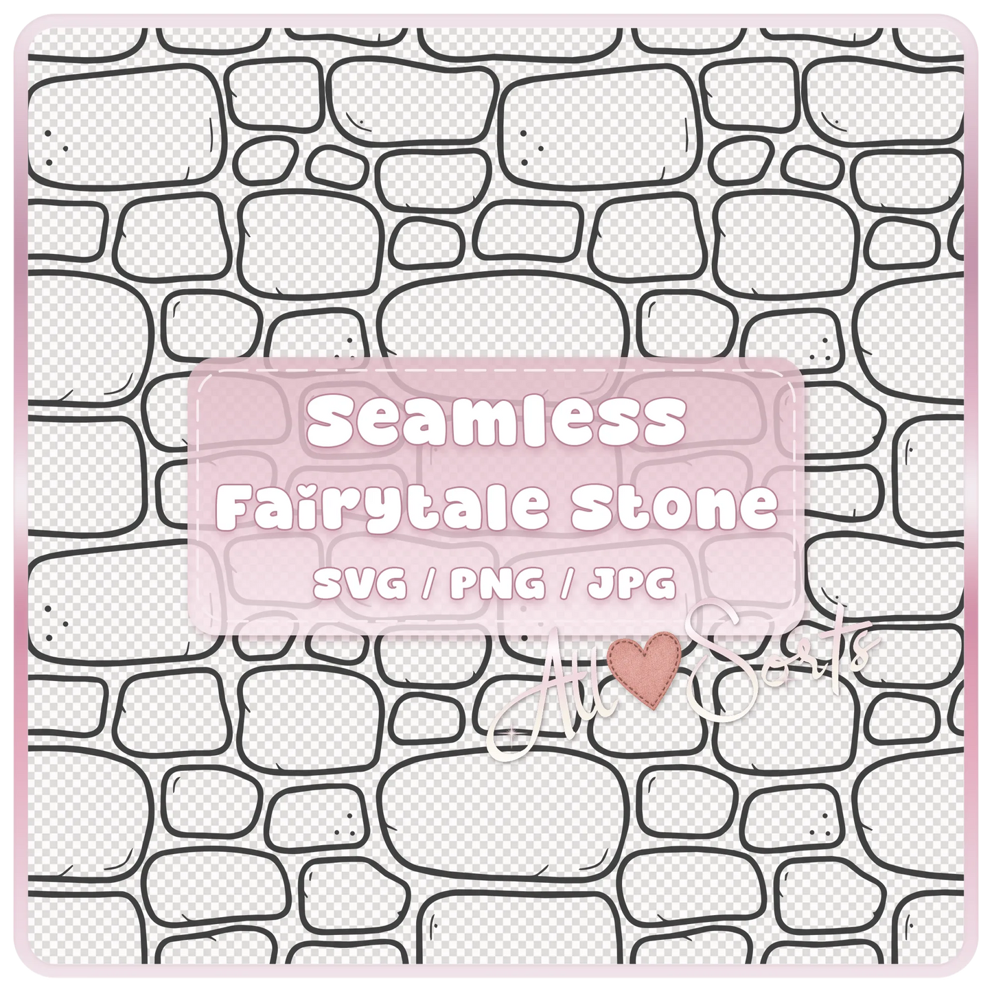 Seamless Fairytale Stone Pattern SVG PNG JPG digital download preview with hand drawn castle wall stone texture and AllSorts branding.