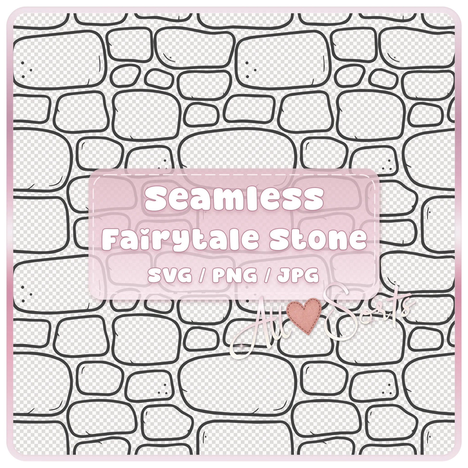 Seamless Fairytale Stone Pattern SVG PNG JPG digital download preview with hand drawn castle wall stone texture and AllSorts branding.