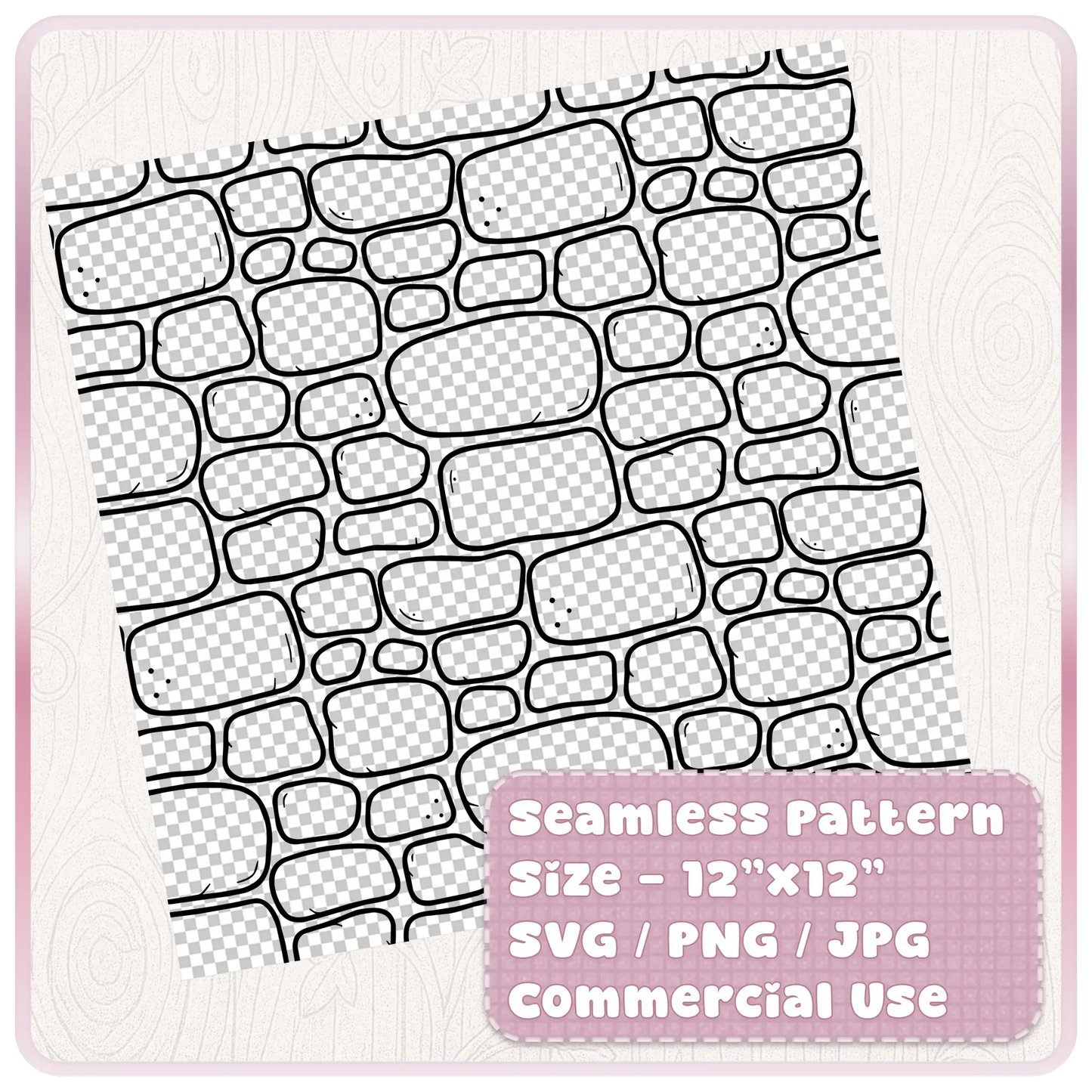 Seamless stone wall pattern digital paper preview showing 12 x 12 tileable SVG PNG JPG fairytale brick background for commercial use.