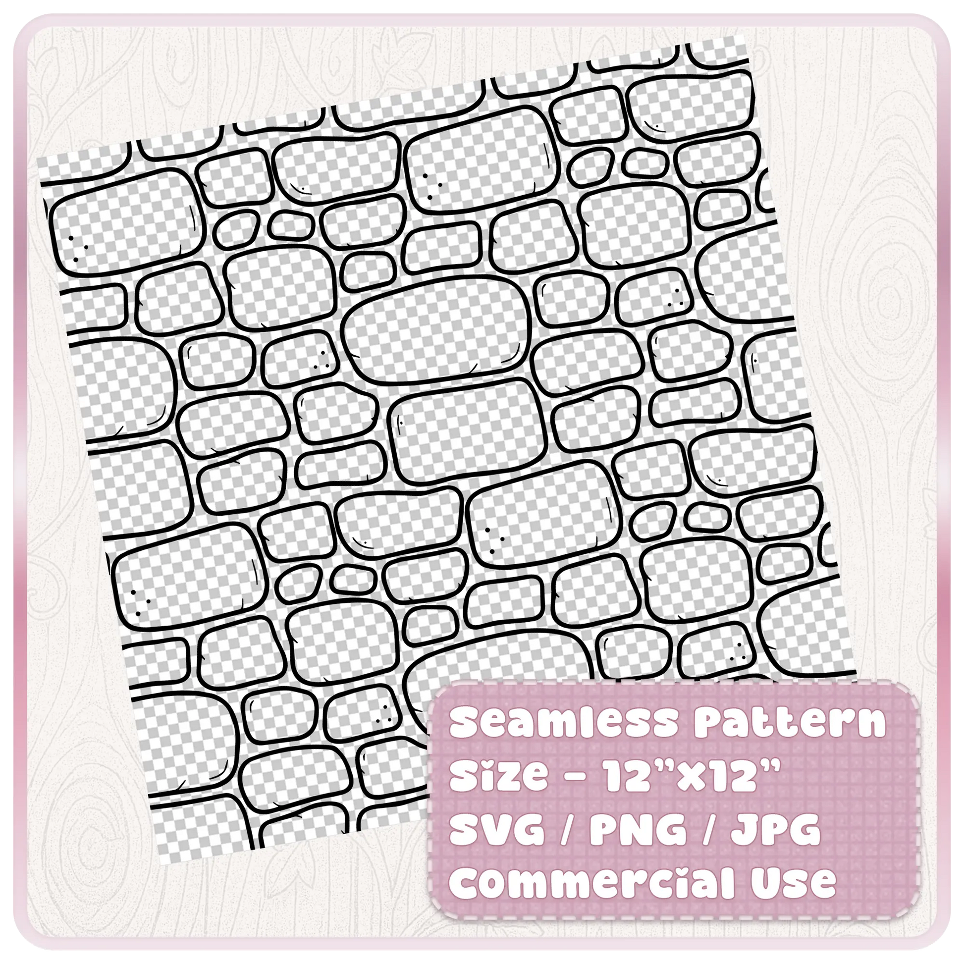Seamless stone wall pattern digital paper preview showing 12 x 12 tileable SVG PNG JPG fairytale brick background for commercial use.