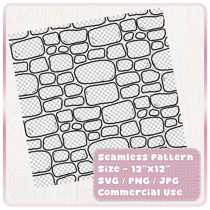 Seamless stone wall pattern digital paper preview showing 12 x 12 tileable SVG PNG JPG fairytale brick background for commercial use.