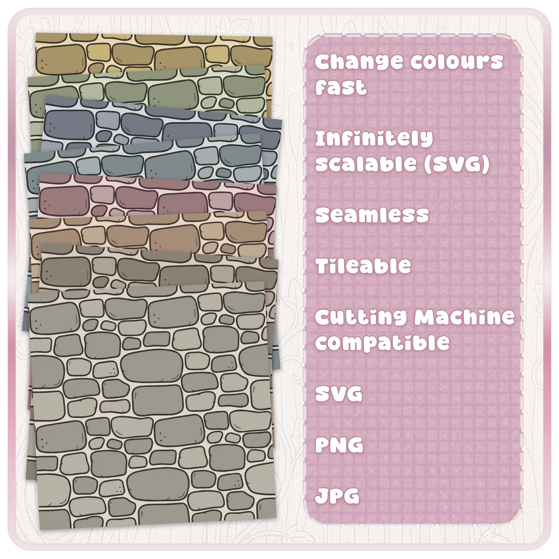 Fairytale stone seamless pattern colour examples showing editable SVG recolour options for castle wall, medieval, cottagecore and fantasy designs.