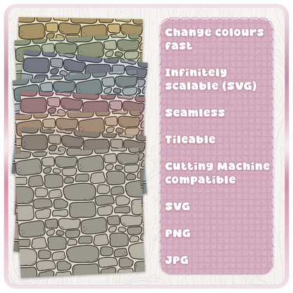 Fairytale stone seamless pattern colour examples showing editable SVG recolour options for castle wall, medieval, cottagecore and fantasy designs.