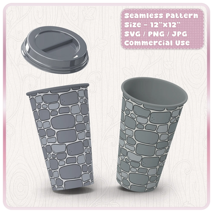 Seamless fairytale stone wall pattern applied to cup mockups, ideal for sublimation, tumbler wraps, Cricut crafts and digital product design.