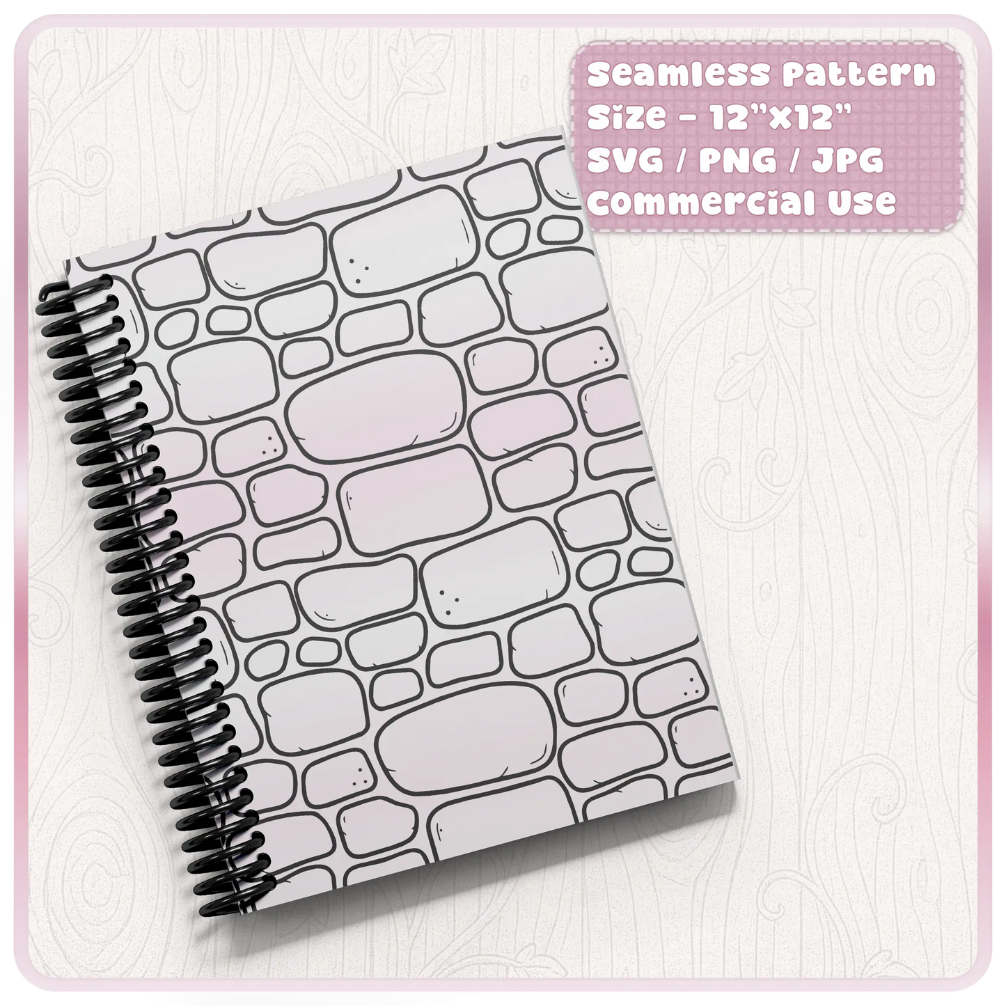 Seamless fairytale stone pattern notebook mockup showing hand drawn castle brick wall background for printable paper and stationery design.