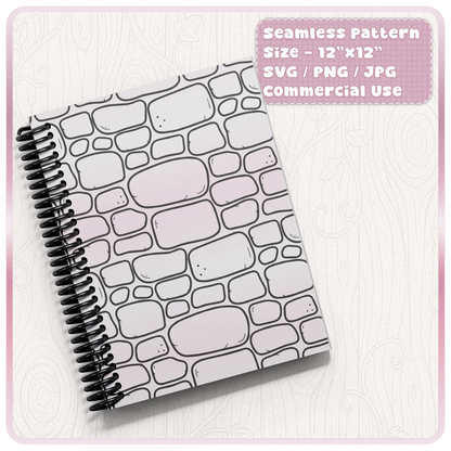 Seamless fairytale stone pattern notebook mockup showing hand drawn castle brick wall background for printable paper and stationery design.