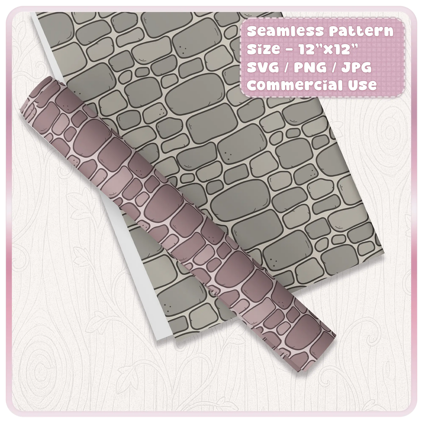 Fairytale stone wall seamless pattern mockup on wrapping paper and ribbon, perfect for fantasy packaging, scrapbooking and commercial craft projects.