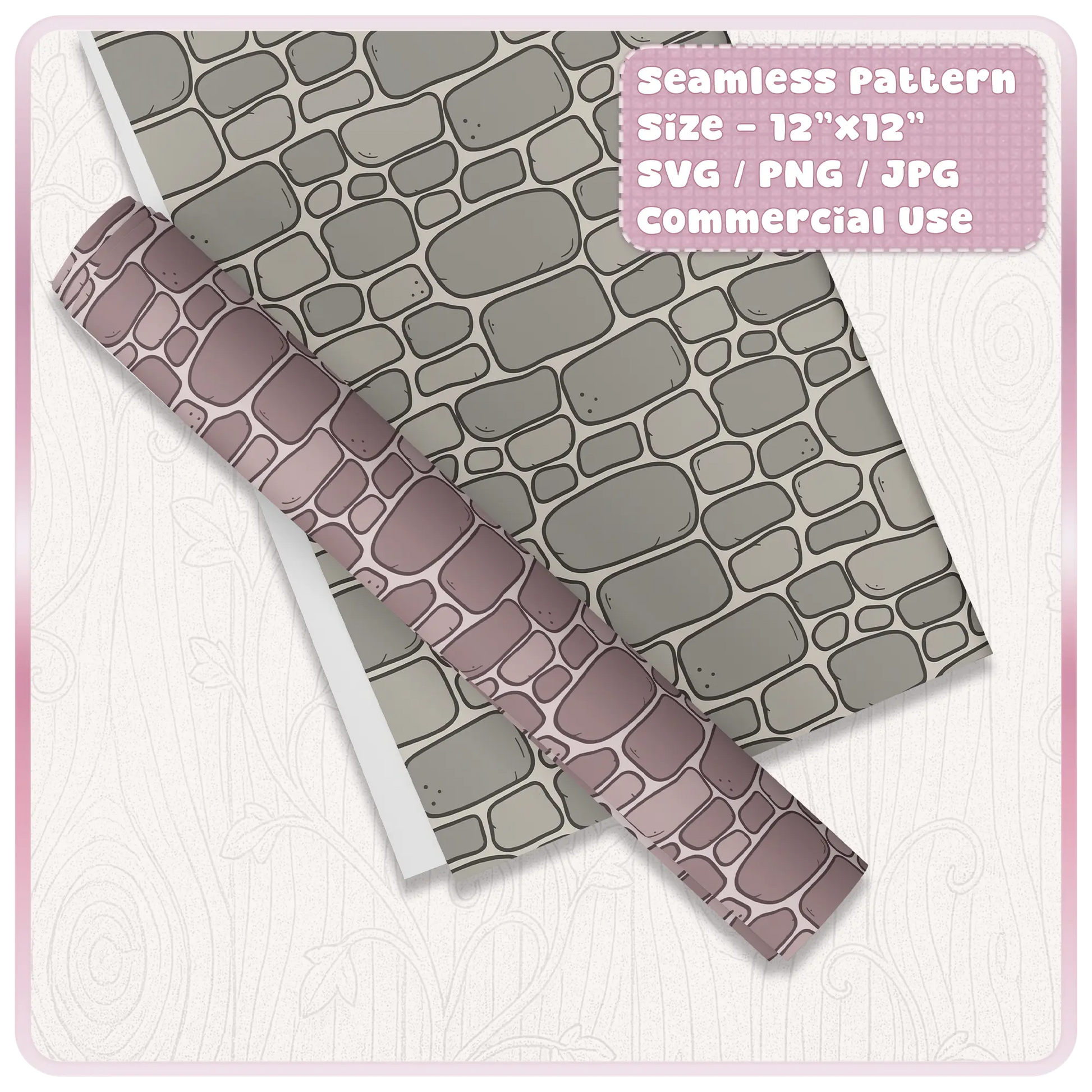 Fairytale stone wall seamless pattern mockup on wrapping paper and ribbon, perfect for fantasy packaging, scrapbooking and commercial craft projects.