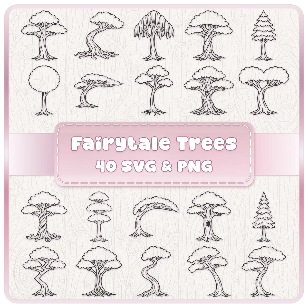 Fairytale trees SVG PNG bundle with 40 whimsical woodland, twisted, pine, willow and fantasy tree clipart designs