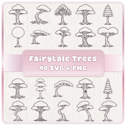 Fairytale trees SVG PNG bundle with 40 whimsical woodland, twisted, pine, willow and fantasy tree clipart designs