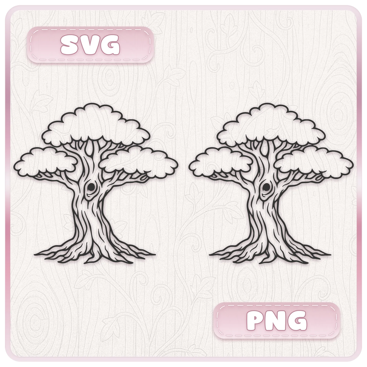 Fairytale tree SVG and PNG clipart showing whimsical ancient woodland tree design with exposed roots and broad canopy