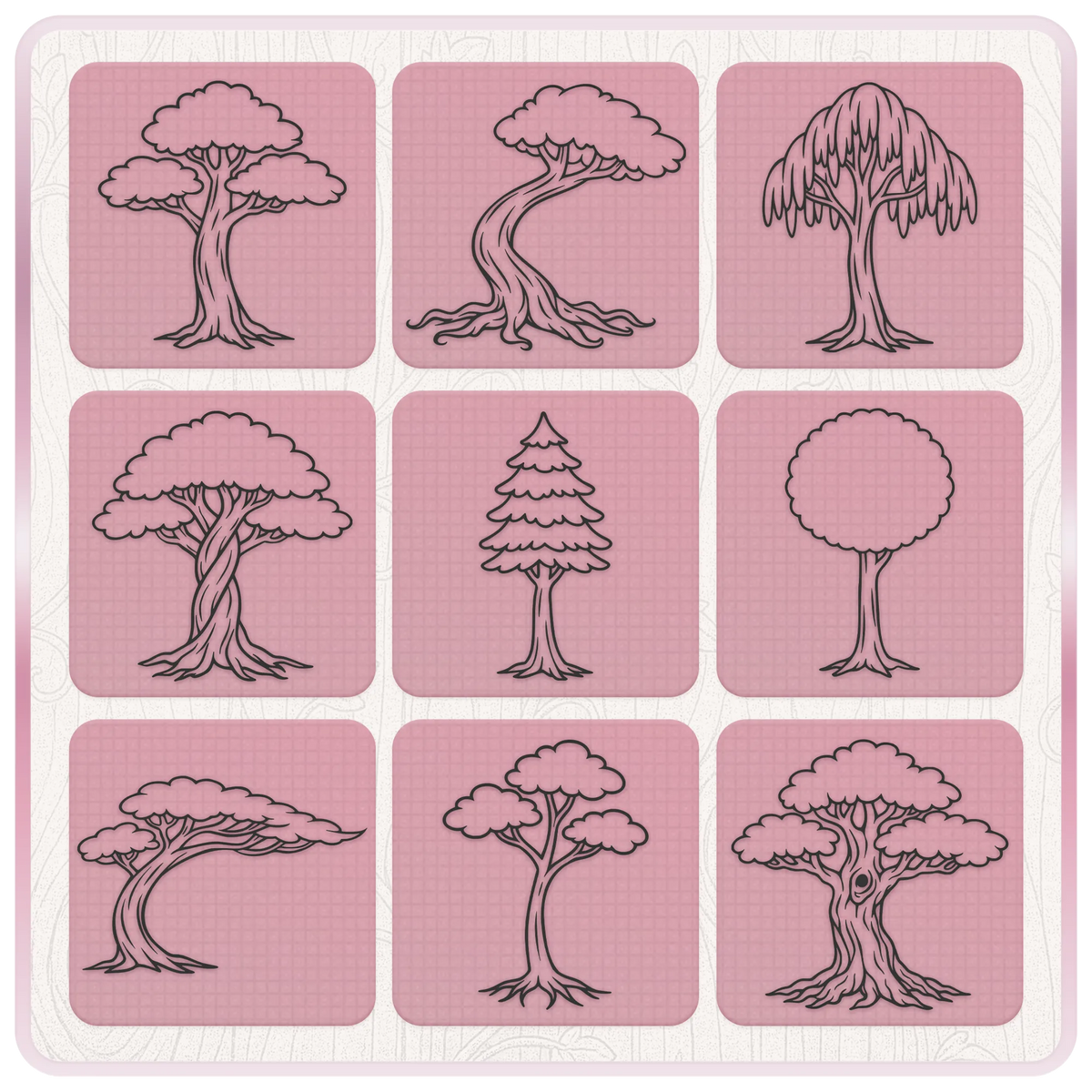 Whimsical tree SVG collection featuring twisted trees, willow tree, pine tree, ancient tree and woodland tree clipart