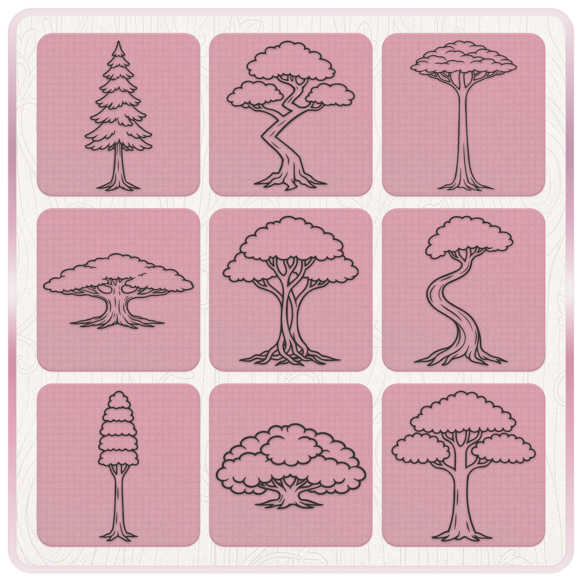 Fantasy tree SVG clipart collection with pine, twisted, curved, broad canopy and enchanted woodland tree designs