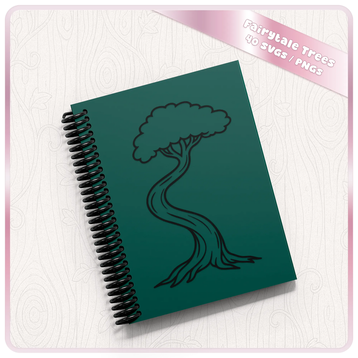 Whimsical fairytale tree SVG shown on green notebook mockup for enchanted forest, woodland and fantasy craft projects