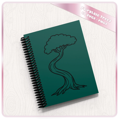 Whimsical fairytale tree SVG shown on green notebook mockup for enchanted forest, woodland and fantasy craft projects