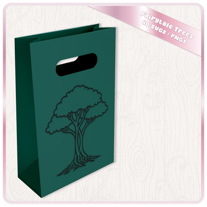 Fairytale woodland tree SVG shown on green gift bag mockup for Cricut, vinyl, sublimation and fantasy craft projects