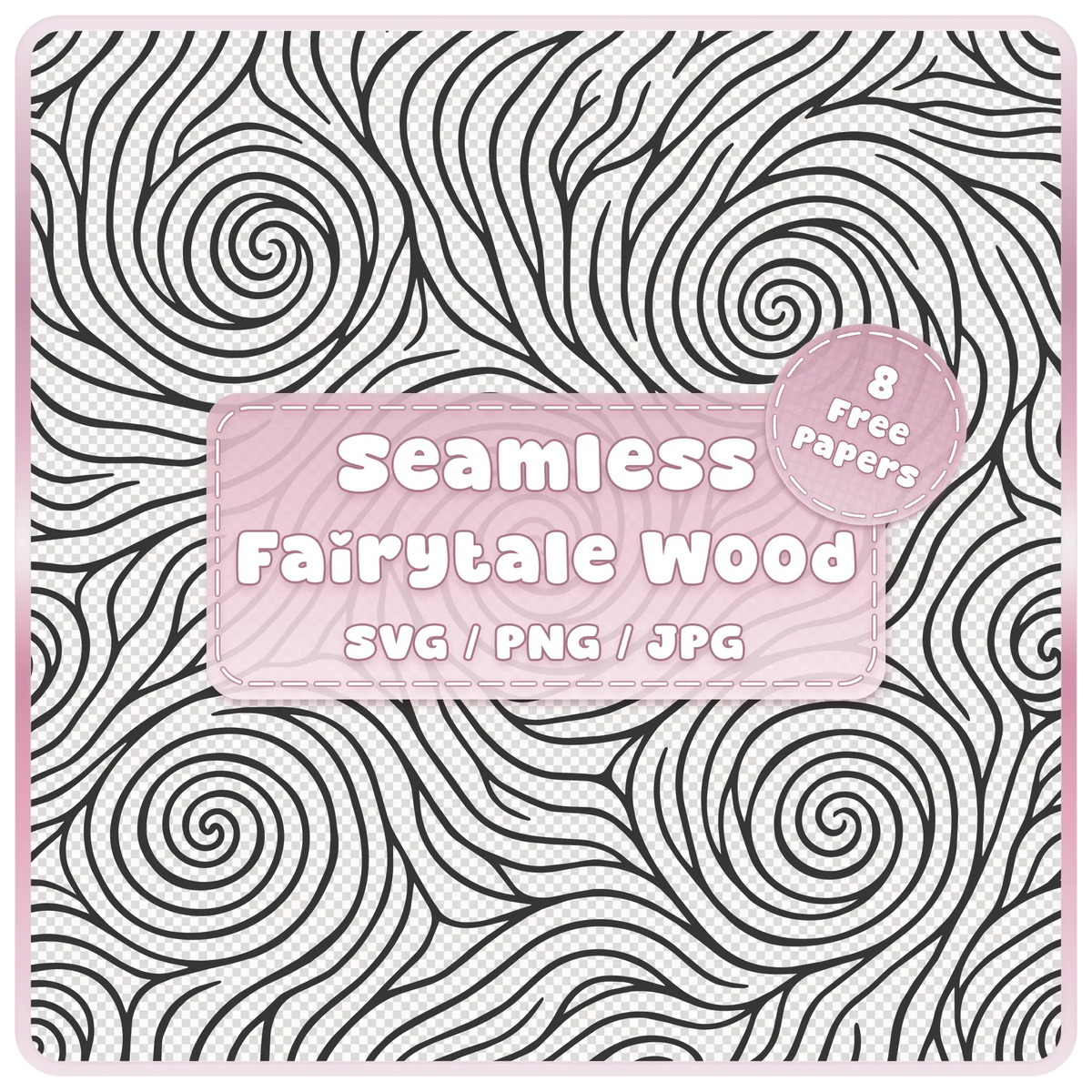 Fairytale woodgrain seamless pattern overlay in SVG, PNG and JPG, featuring bold swirling wood knots, flowing grain lines and bonus colour papers.